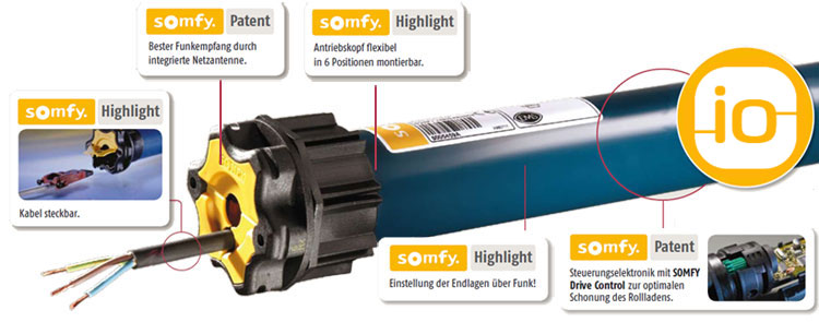 Somfy Elektronischer io Funk-Rohrmotor Oximo 50 io 30/17, 30 Nm, Baureihe  50 | ab Ø 50 mm | Rolladen- und Sonnenschutzprodukte | enobi GmbH