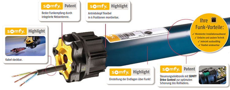 Somfy Elektronischer Funk-Rohrmotor Oximo 50 RTS 10/17, 10 Nm, Baureihe 50  | ab Ø 50 mm | Rolladen- und Sonnenschutzprodukte | enobi GmbH